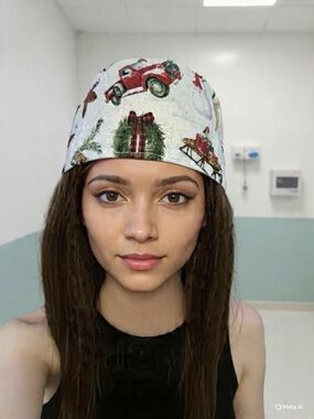 Holiday Trucks & Wreaths Surgical Scrub Cap - White with Red & Green